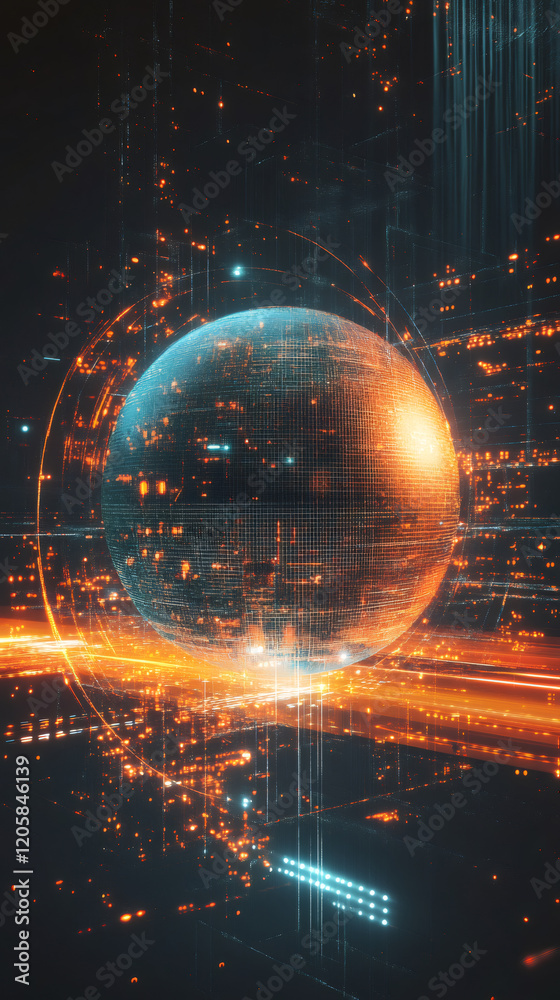Poster digital sphere hovering over a futuristic city with light trails and digital binary code, representi