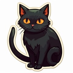 Sitting Black Cat With Yellow Eyes Sticker Style Digital Drawing Detailed Feline Art
