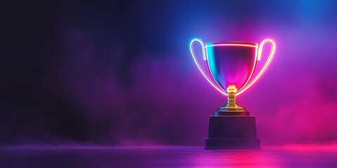 A glowing neon trophy lit with vivid pink and blue hues against a dark gradient background, symbolizing achievement, victory, or recognition in a futuristic, stylish design
