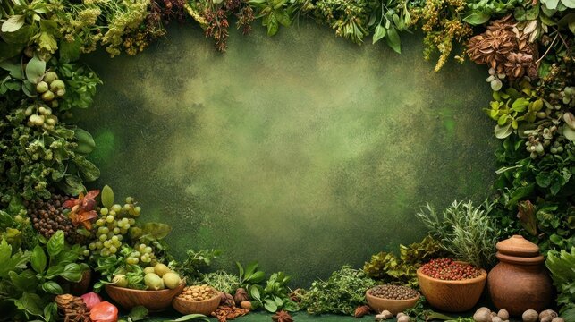 Herbal border frame, rustic background, ingredient display, food blog use