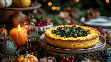 Naklejka premium Freshly Baked Cornbread with Crispy Top Served Amidst Autumn Decorations and Warm Lighting