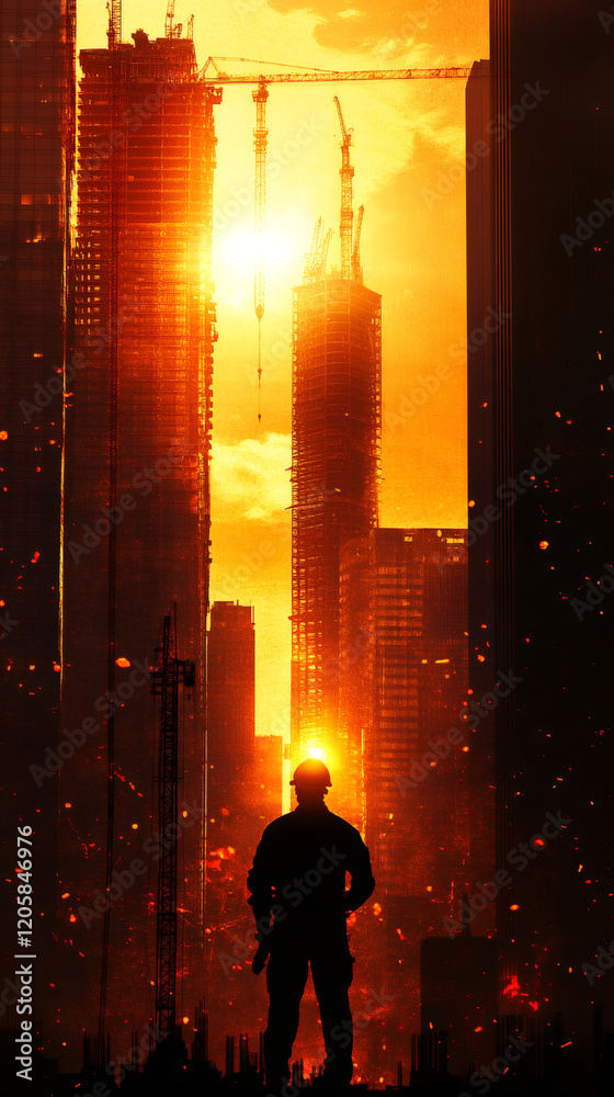 Poster construction worker standing with hands on hips looking at sunset in a construction site with skyscr