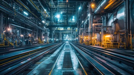 Obraz premium Industrial plant interior, night, rail tracks, machinery, illuminated