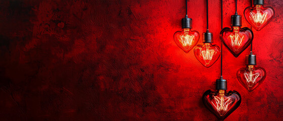 Heart-shaped hanging filament light bulb glowing on red background. Valentine's Day banner, romantic, themes, symbolizing love, innovation. Generative ai
