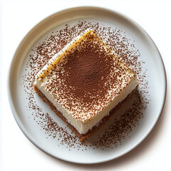 Top view of a juicy Tiramisu , on plate, The white plate is perfectly are arranged neatly, all captured against a pure white background