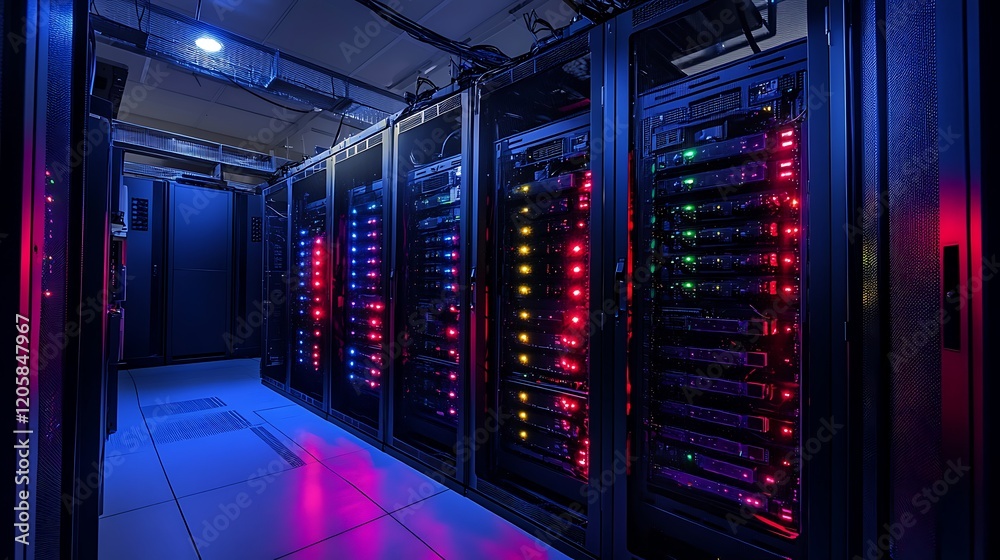 Wall mural server room data center network technology glowing lights. use tech website