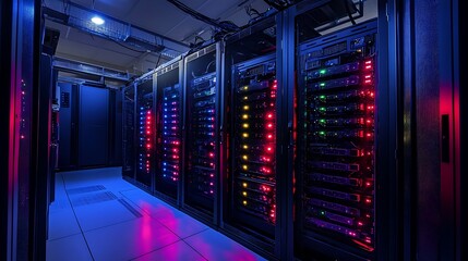 Server room data center network technology glowing lights.  Use Tech website