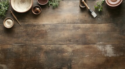 Rustic kitchen cooking ingredients overhead wood background