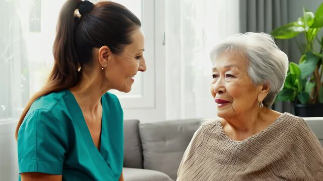 A caregiver interacts lovingly with an elderly woman in a bright, comforting living room. Their warm conversation highlights the bond formed through companionship and care.