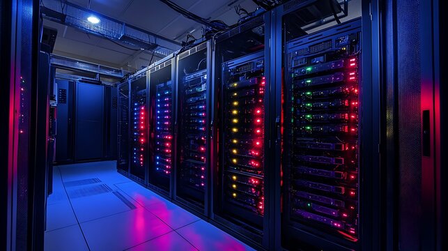 Server room data center network technology glowing lights.  Use Tech website