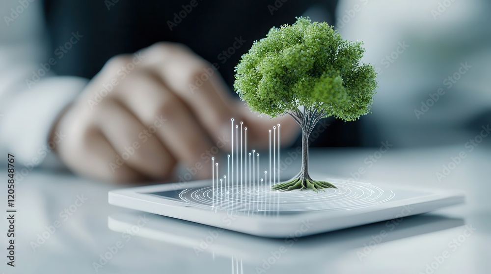 Canvas Prints digital tree icon emerging from a bar graph on a white background, symbolizing the fusion of nature 