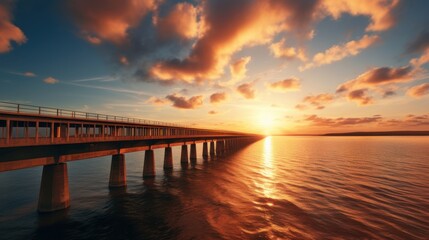 Fototapeta premium A stunning view of a long bridge extending into the distance over the ocean, the setting sun casting long shadows and illuminating the water in rich amber tones, with soft clouds glowing above. 