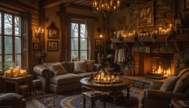 Candlelit cabin living room with fireplace