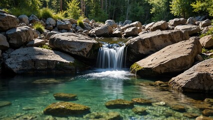 "Crystal Clear Mountain Spring Flowing Freshly from Rocky Cliffs"