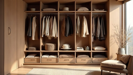 A large dressing room, an open storage system, a wardrobe for outerwear, a wardrobe for underwear, shoes, blankets and pillows, in the color of mocha mousse.