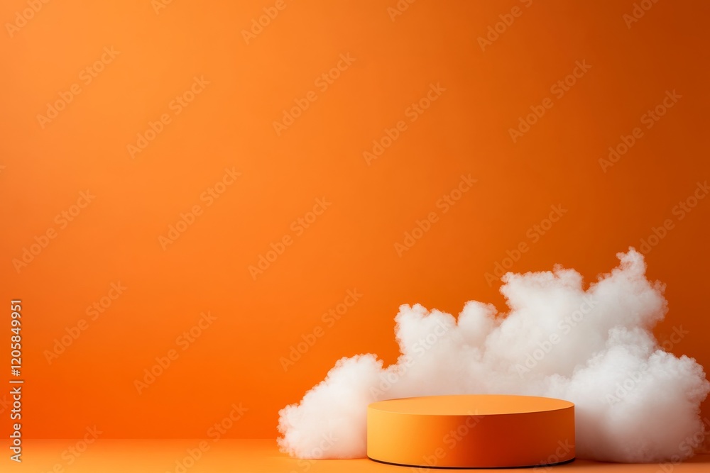 Aufkleber Bright orange round podium is set against fluffy white clouds in a minimalist studio. The softly lit sky-themed background offers ample copy space on the left side