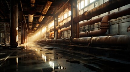 Obraz premium An abandoned industrial complex with weathered pipes winding in all directions, illuminated by a glowing sunbeam breaking through a cracked wall, 