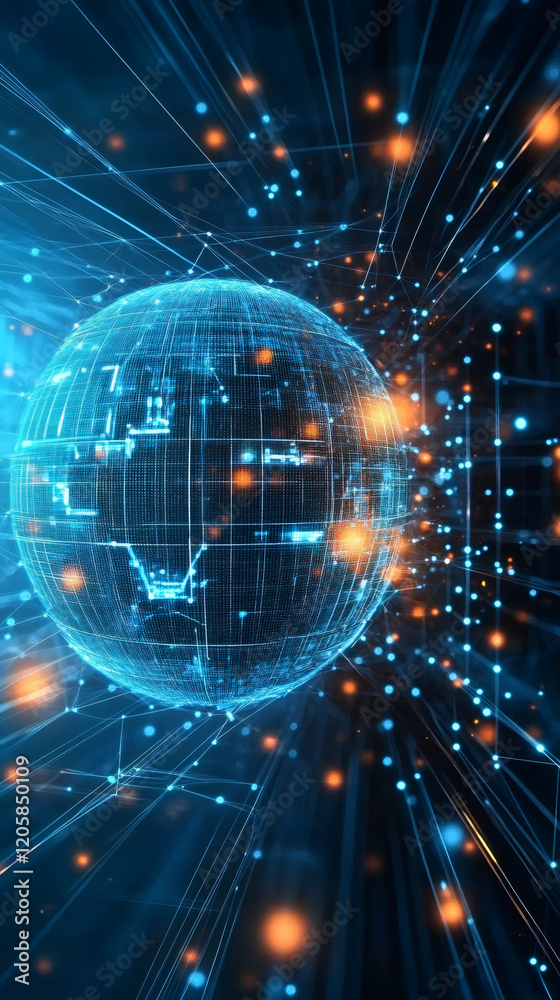 Aufkleber Global network and data processing surrounding digital globe rotating in cyberspace with bright lights and connections