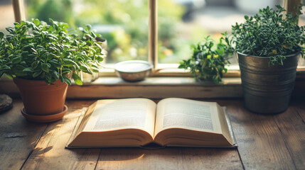 Open Book on Wooden Table by Sunny Window with Green Potted Plants - Cozy Home Reading Scene