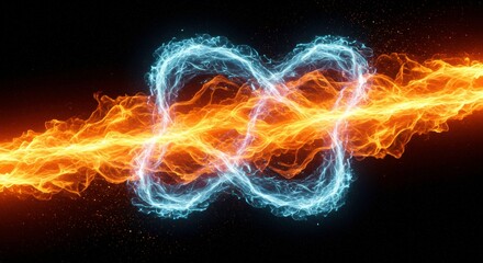Obraz premium Fire and Ice Infinity: A mesmerizing digital artwork depicting intertwining streams of fire and ice, forming an infinity symbol against a black background.