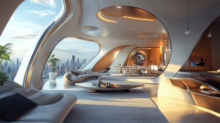 A luxury penthouse with a futuristic interior and 360-degree city views