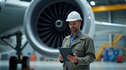 Aerospace Engineer Inspecting Jet Engine with Tablet