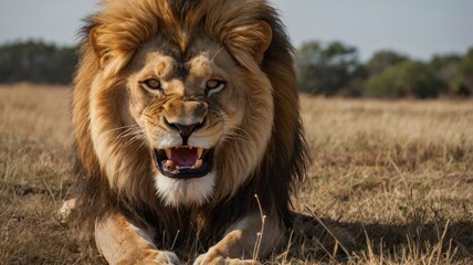 Obraz premium A lion with a full mane is roaring in a grassy area.