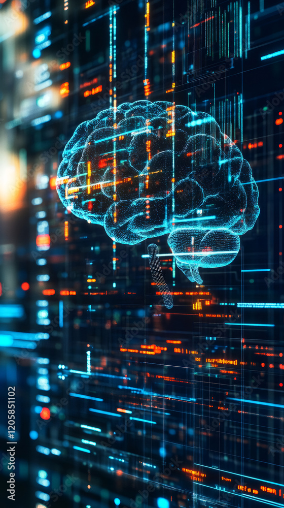 Aufkleber Glowing digital brain processing data flow, futuristic artificial intelligence and deep learning concept