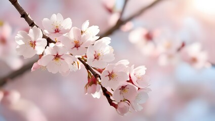 Obraz premium Cherry Blossom Branch Pink Flowers Macro Spring Bloom Nature Background