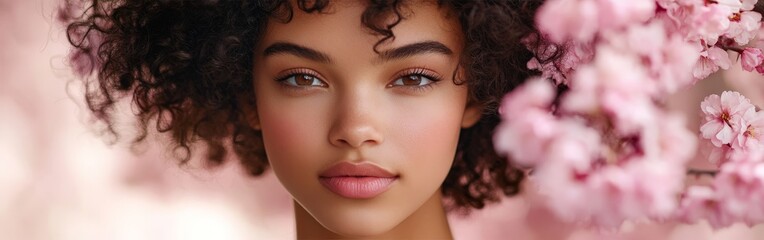 Portrait of a young woman with voluminous curly hair surrounded by pink flowers against a pastel pink background, radiating femininity and natural beauty.