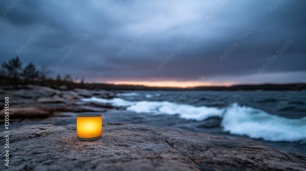 Poster a warm-lit lantern stands resiliently on the rocky shore, while waves crash vigorously against the c