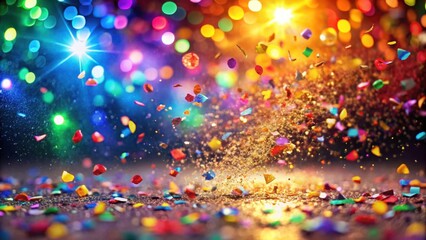 A vibrant explosion of colorful confetti, shimmering with golden sparkles against a backdrop of radiant lights, celebrating joyous moments.