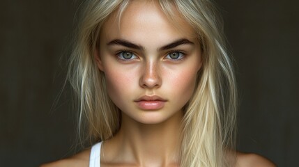 Fototapeta premium A young woman poses with her long blond hair cascading over her shoulders. Her captivating blue eyes and natural beauty are highlighted by warm, soft lighting in a dark setting
