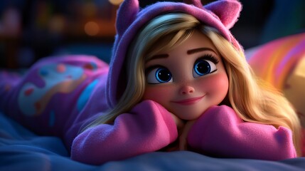 Adorable 3D Render of a Girl in Pink Pajamas