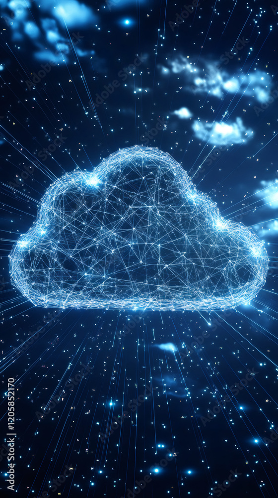 Fototapete Cloud computing network sending and receiving data through bright blue beams of light with clouds in the background