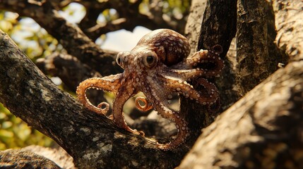 Obraz premium Octopus clinging to a tree branch in sunlight