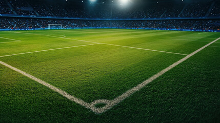 Lush Soccer Field at a Major Championship Stadium with Lights and Spectators During Match