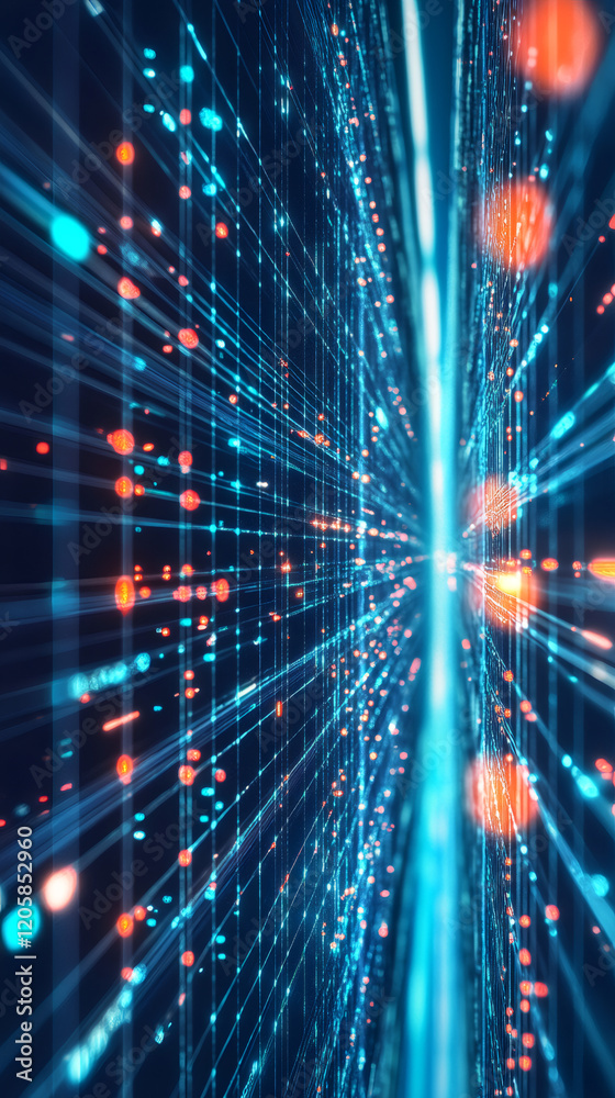 Leinwandbilder glowing particles and lines flowing through futuristic cyberspace network grid, creating a digital d