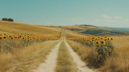 Fototapeta premium Sunflowers line rural dirt road, Tuscany hills background, summer travel