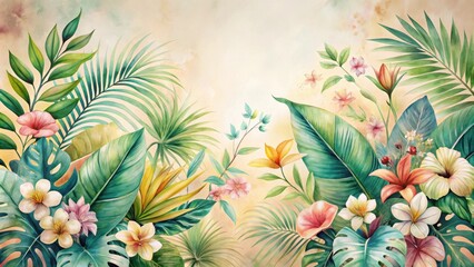 Obraz premium A Vibrant Watercolor Depiction of Lush Tropical Foliage and Exotic Blossoms Arranged in a Symmetrical Composition on a Soft, Warm Background