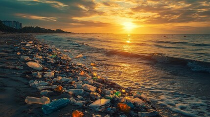 Obraz premium A polluted coastline covered with plastic waste, emphasizing the environmental impact. Ideal for conservation and awareness.