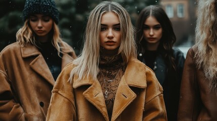 Fototapeta premium A group of four women stands closely together in a snowy environment, wearing trendy winter clothing. Their expressions reflect confidence and camaraderie as they embrace the cold