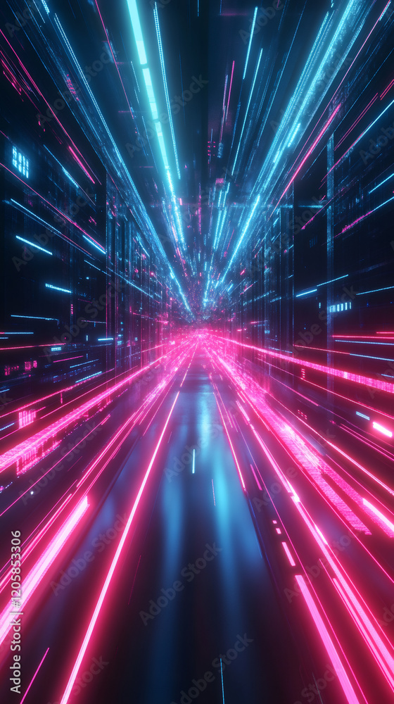 Poster pink and blue neon lights creating a futuristic highway speeding through cyberspace with motion blur