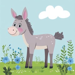 Naklejka premium Happy donkey in meadow, spring day, children's book illustration