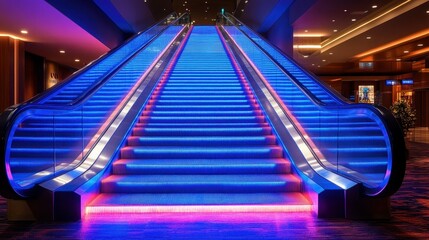 The escalator features a striking design with bright blue and pink lights glowing against a sleek metallic framework. People ascend and descend, enjoying the modern atmosphere of the shopping center
