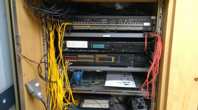 Rack-mounted network equipment in server room, messy cables, background blurred