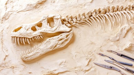 T-Rex fossil reconstruction, paleontology lab, tools, textured background, educational