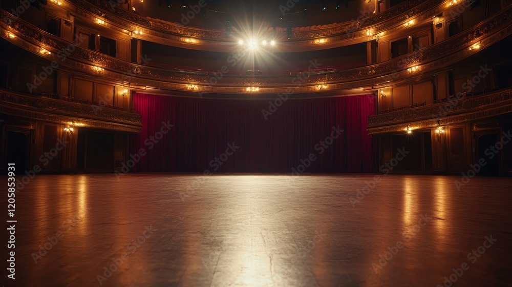 Aufkleber An empty grand opera stage features deep red curtains and golden accents illuminated by a single spotlight, creating an atmosphere of anticipation for a performance