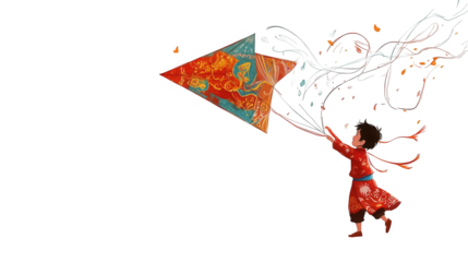Qingming Festival concept of a child joyfully flying a colorful kite, isolated on white, PNG file.