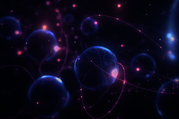 Abstract glowing particles and interconnected spheres in a dark space, creating a dynamic and futuristic background ideal for technology, science, and digital innovation themes